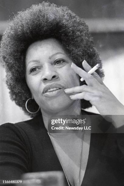 Author Toni Morrison speaks at a Newsday book and author luncheon at the Huntington Town House in Huntington, New York on October 18, 1977.