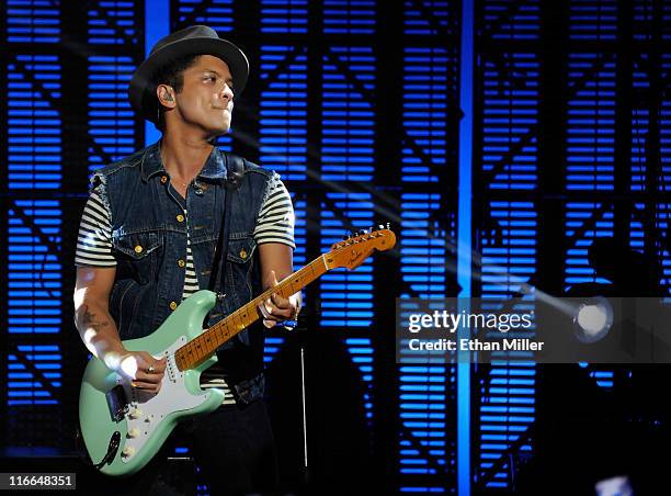 Recording artist Bruno Mars performs during the Hooligans in Wondaland tour at The Pearl concert theater at the Palms Casino Resort June 16, 2011 in...