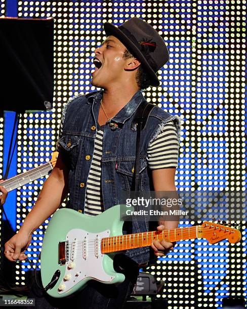 Recording artist Bruno Mars performs during the Hooligans in Wondaland tour at The Pearl concert theater at the Palms Casino Resort June 16, 2011 in...