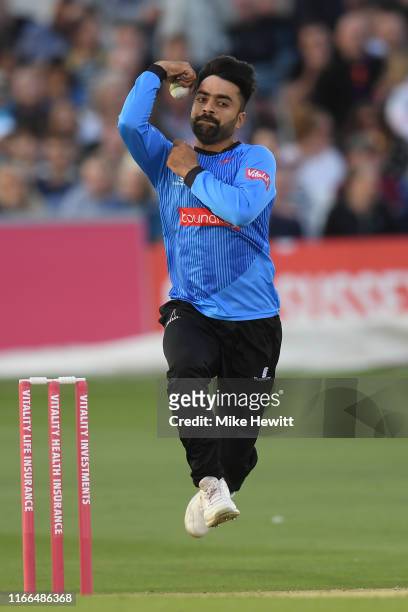 Rashid Khan of Sussex in action during the Vitality Blast match between Sussex Sharks and Essex Eagles at The 1st Central County Ground on August 06,...