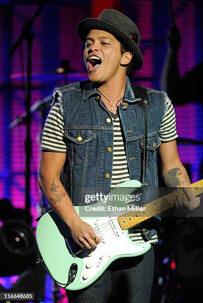 Recording artist Bruno Mars performs during the Hooligans in Wondaland tour at The Pearl concert theater at the Palms Casino Resort June 16, 2011 in...