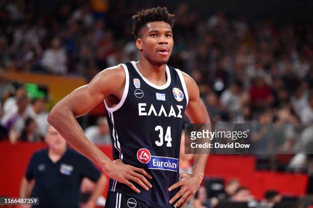Giannis Antetokounmpo of Greece looks on during the Second Round of the 2019 FIBA Basketball World Cup on September 7, 2019 at the Shenzhen Bay...