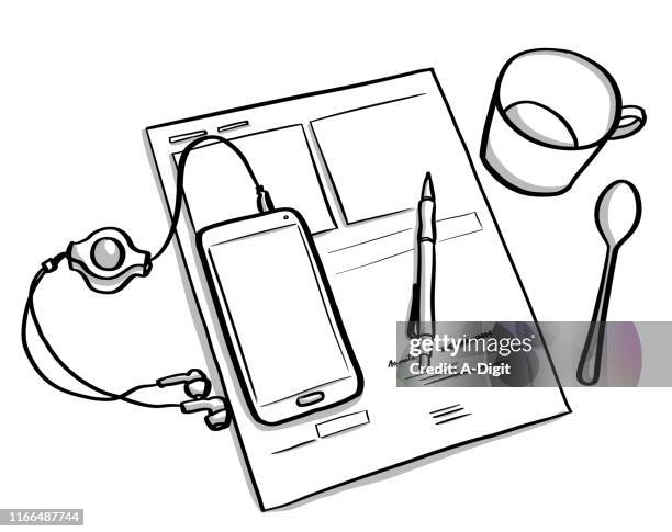 coffee bills and cellphone - black table top view stock illustrations