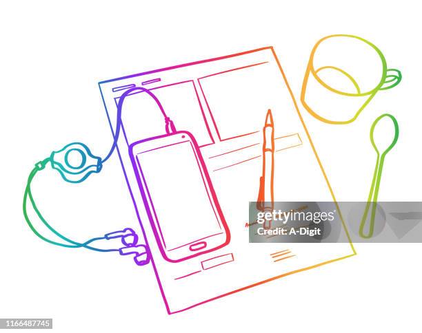 coffee bills and cellphone rainbow - spoon overhead stock illustrations