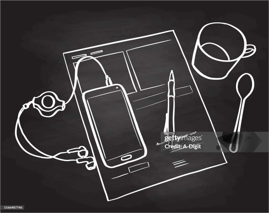Coffee Bills And Cellphone Blackboard