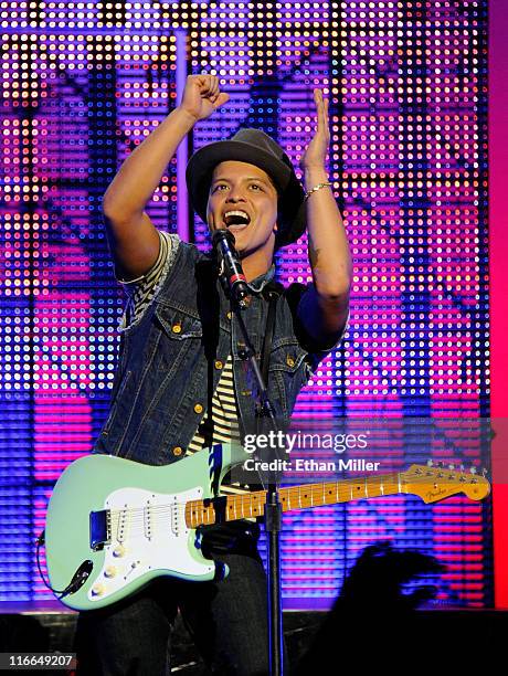 Recording artist Bruno Mars performs during the Hooligans in Wondaland tour at The Pearl concert theater at the Palms Casino Resort June 16, 2011 in...