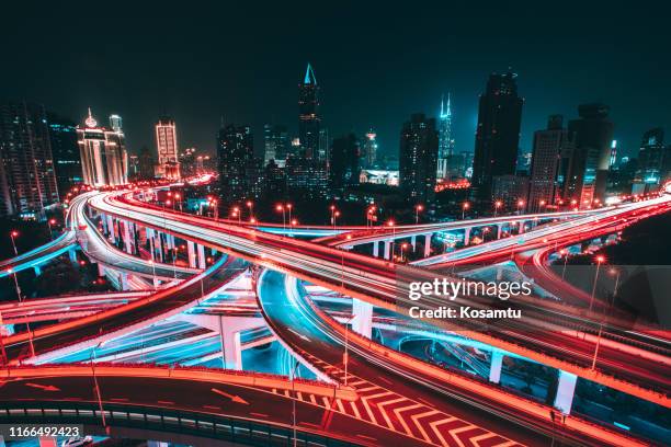 aerial view of shanghai elevated highway - red car stock pictures, royalty-free photos & images