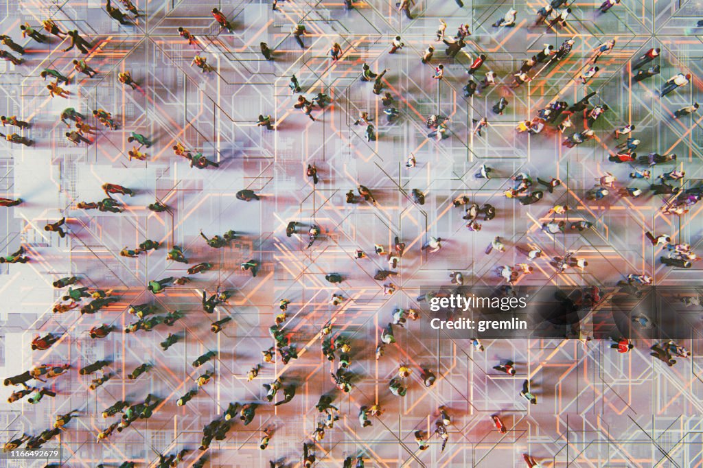 Abstrakta skaror av människor med virtuell verklighet Street display