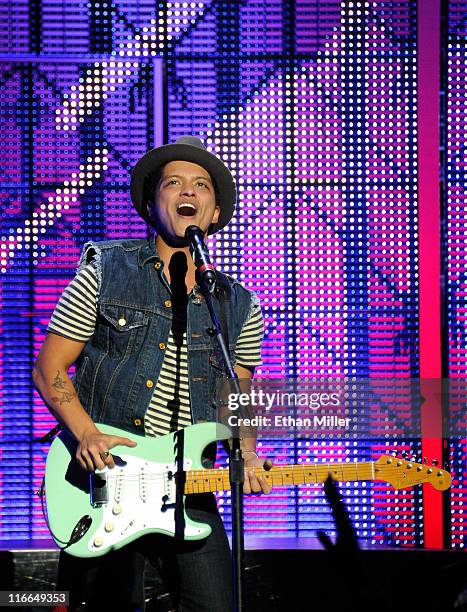 Recording artist Bruno Mars performs during the Hooligans in Wondaland tour at The Pearl concert theater at the Palms Casino Resort June 16, 2011 in...