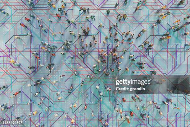 abstract crowds of people with virtual reality street display - crowd of people above stock pictures, royalty-free photos & images