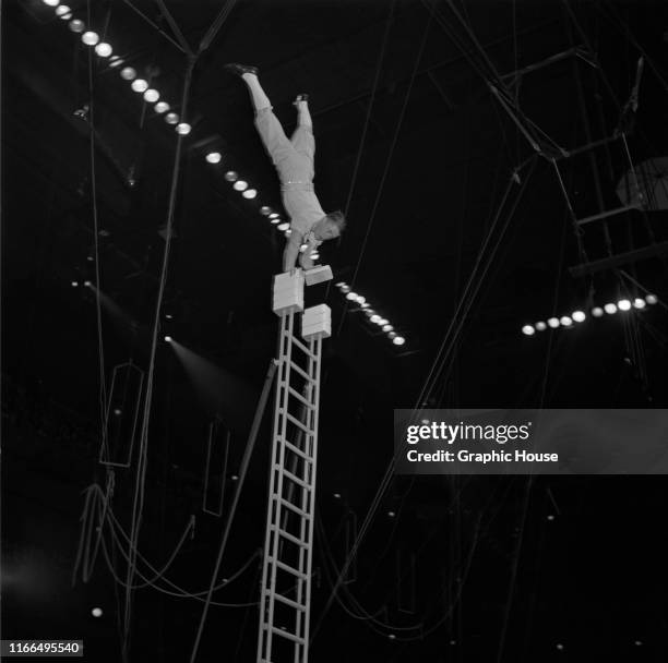 An acrobat at a benefit performance of the Ringling Brothers Barnum and Bailey Circus in New York City, 31st March 1954.