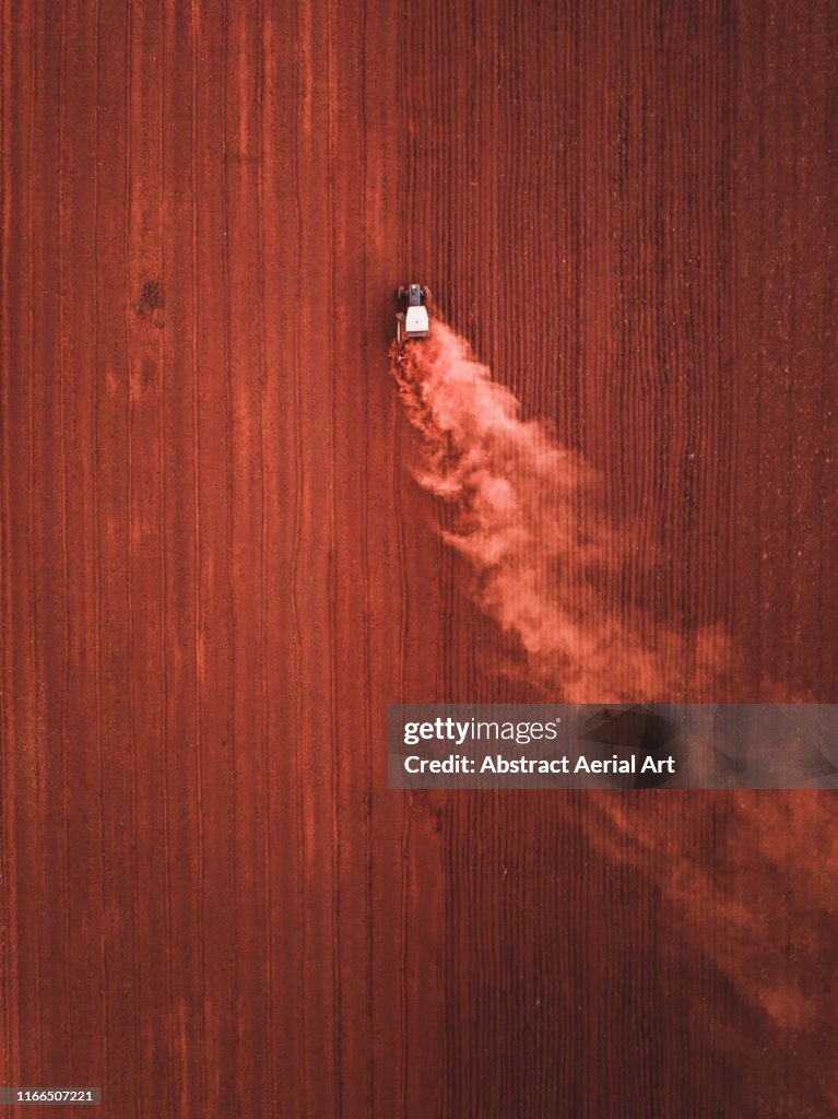 Tractor in an agricultural field photographed from above, Queensland, Australia