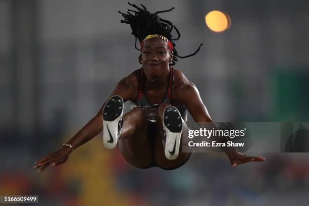 Christabel Saak Nettey of Canada jumps in Women's Long Jump Final on Day 11 of Lima 2019 Pan American Games at Athletics Stadium of Villa Deportiva...