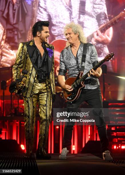 Singer Adam Lambert and guitarist Brian May of Queen + Adam Lambert at Madison Square Garden on August 06, 2019 in New York City.