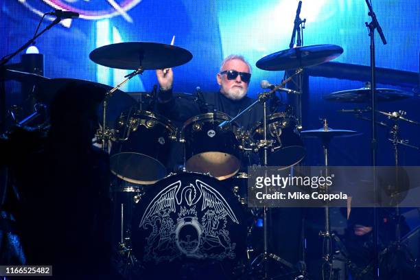Drummer Roger Taylor of Queen + Adam Lambert performs at Madison Square Garden on August 06, 2019 in New York City.