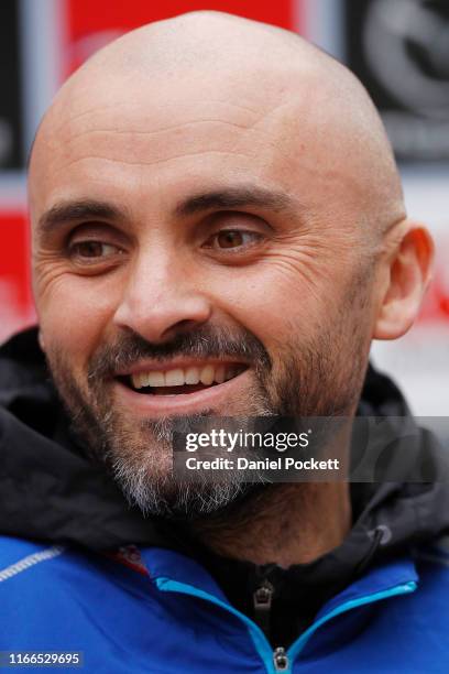 Kangaroos head coach Rhyce Shaw speaks to media during a North Melbourne Kangaroos AFL media opportunity at Arden Street Ground on August 07, 2019 in...