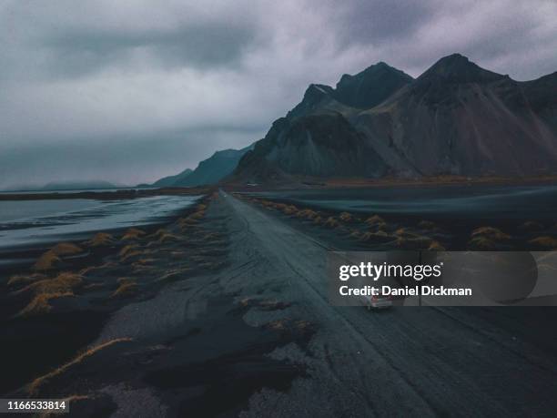 scenic iceland landscape aerial drone photo stokksnes beach - drone point of view beach stock pictures, royalty-free photos & images