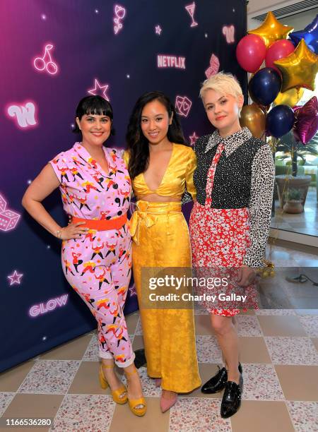 Rebekka Johnson, Ellen Wong and Kimmy Gatewood attend the "GLOW" Season 3 Special Screening At The Wing LA at The Wing on August 06, 2019 in West...