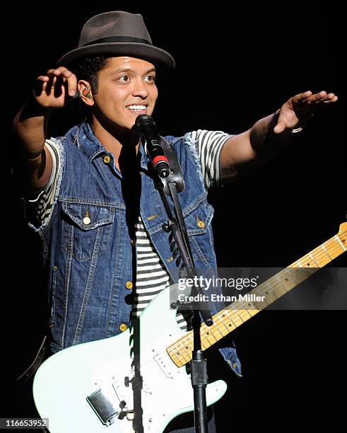 Recording artist Bruno Mars performs during the Hooligans in Wondaland tour at The Pearl concert theater at the Palms Casino Resort June 16, 2011 in...