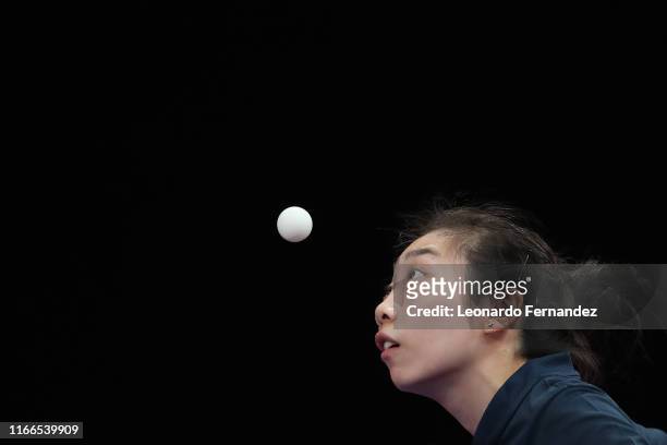 Yue Wu of United States plays a shot during Women's Singles Quarterfinals of Table Tennis on Day 11 of Lima 2019 Pan American Games at Sports Center...
