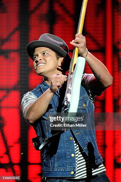 Recording artist Bruno Mars performs during the Hooligans in Wondaland tour at The Pearl concert theater at the Palms Casino Resort June 16, 2011 in...