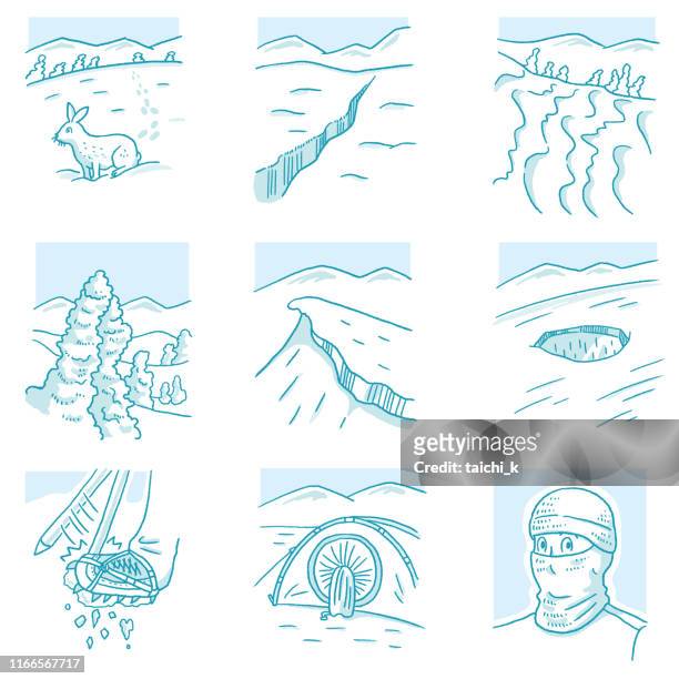 ilustraciones, imágenes clip art, dibujos animados e iconos de stock de grietas nevadas de montaña - crevasse