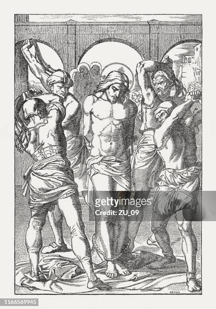 the flagellation of christ (matthew 27), wood engraving, published 1850 - jesus whip stock illustrations