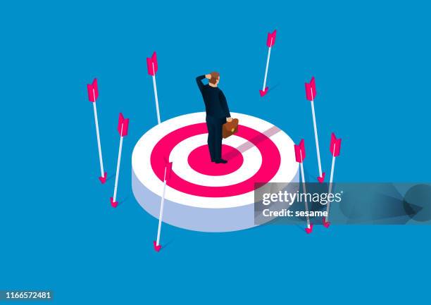 ilustrações de stock, clip art, desenhos animados e ícones de off-target, failure concept, desperate businessman standing on target without hit - goals