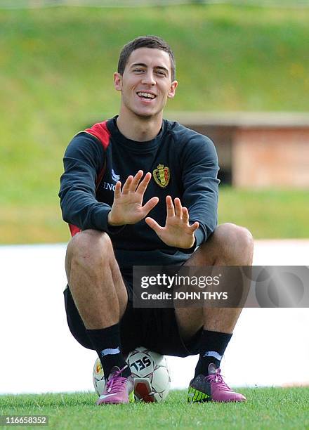 Belgian national football team's forward Eden Hazard jokes during a training session, on May 31, 2011 in Brussels, ahead of the Euro 2012 qualifiers...