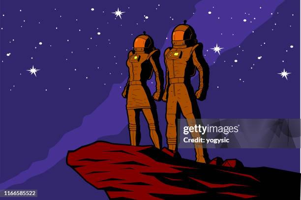 vector astronaut couple retro poster illustration - female robot stock illustrations