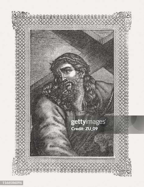 illustrations, cliparts, dessins animés et icônes de jésus avec croix, gravure sur bois, publié en 1850 - vendredi saint