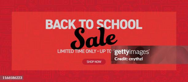 back to school sale banner with pattern of school supplies - back to school shopping stock illustrations