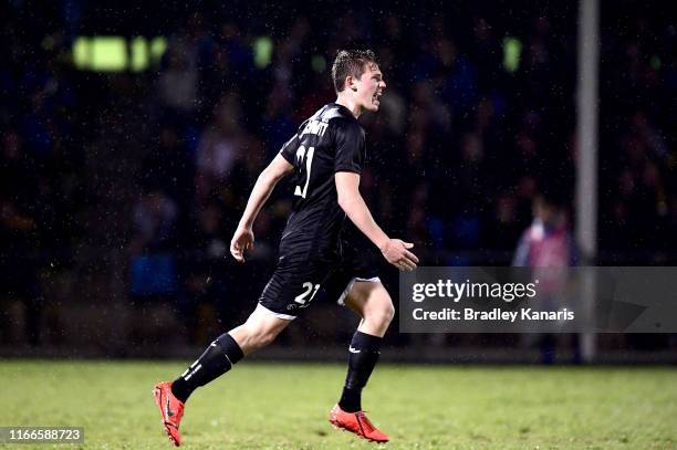 Callum McCowatt of the Phoenix celebrates scoring a goal during the FFA Cup Round of 32 match between the Brisbane Strikers and Wellington Phoenix at...