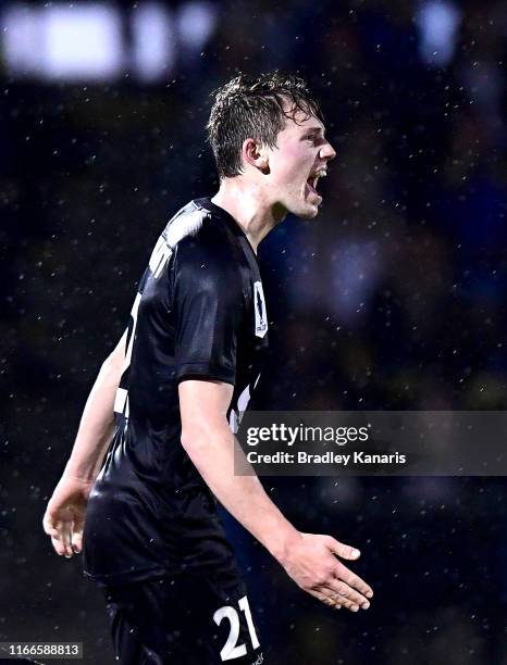 Callum McCowatt of the Phoenix celebrates scoring a goal during the FFA Cup Round of 32 match between the Brisbane Strikers and Wellington Phoenix at...