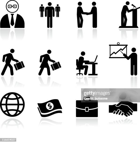 ilustrações de stock, clip art, desenhos animados e ícones de negócios e finanças preto e branco conjunto de arte vetorial royalty free - business woman desk stand