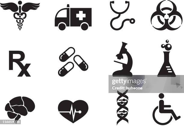 medicine black and white royalty free vector icon set - beaker isolated stock illustrations