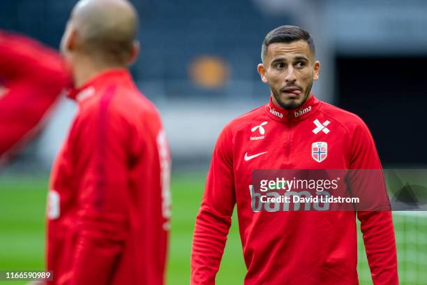 Omar Elabdellaoui of Norway during the training session ahead of the UEFA Euro 2020 qualifier match between Sweden and Norway on September 7, 2019 in...