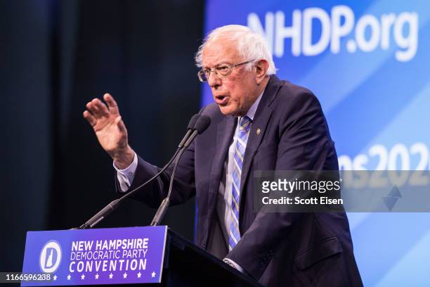 Democratic presidential candidate, Sen. Bernie Sanders speaks during the New Hampshire Democratic Party Convention at the SNHU Arena on September 7,...