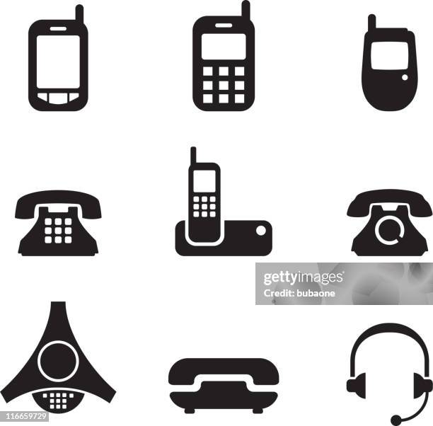 illustrazioni stock, clip art, cartoni animati e icone di tendenza di telefono bianco e nero set icone vettoriali royalty-free - telefono vecchio