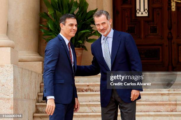 King Felipe VI of Spain receives prime minister Pedro Sanchez at Marivent Palace on August 07, 2019 in Palma de Mallorca, Spain.