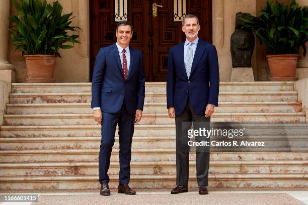 King Felipe VI of Spain receives prime minister Pedro Sanchez at Marivent Palace on August 07, 2019 in Palma de Mallorca, Spain.