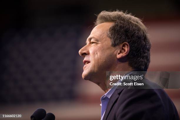 Democratic presidential candidate, Montana Gov. Steve Bullock speaks during the New Hampshire Democratic Party Convention at the SNHU Arena on...