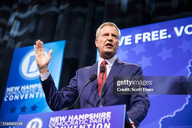 Democratic presidential candidate, New York City Mayor Bill de Blasio speaks during the New Hampshire Democratic Party Convention at the SNHU Arena...