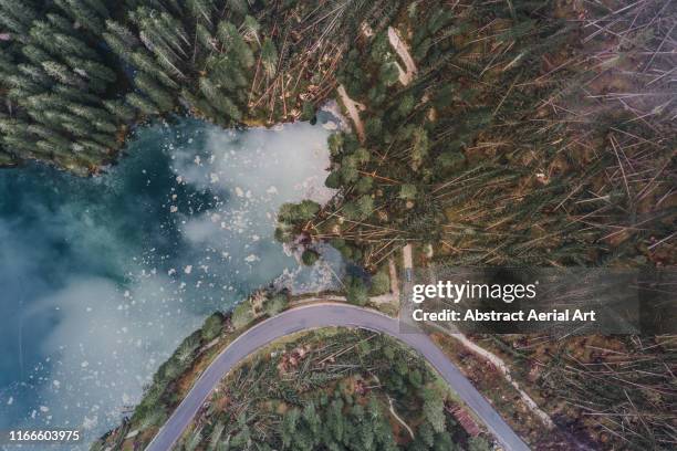 aerial shot at the edge of lake carezza showing storm damaged forest, dolomites, italy - viaggio distruzione foto e immagini stock