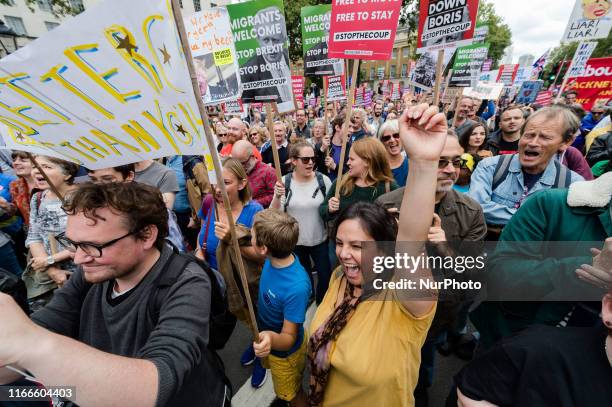 Demonstrators gather outside Downing Street on 07 September, 2019 in London, England to take part in Stop the Coup protests against the prorogation...