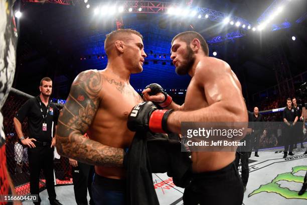 Dustin Poirier and Khabib Nurmagomedov of Russia embrace after their lightweight championship bout during UFC 242 at The Arena on September 7, 2019...