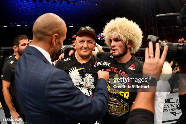 Khabib Nurmagomedov of Russia is interviewed after his submission victory over Dustin Poirier in their lightweight championship bout during UFC 242...