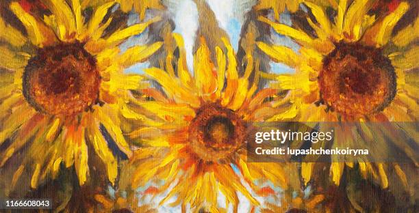 fashionable summer illustration allegory modern art work my original oil painting on canvas horizontal still life impressionism three blooming large yellow sunflower - inflorescence stock illustrations