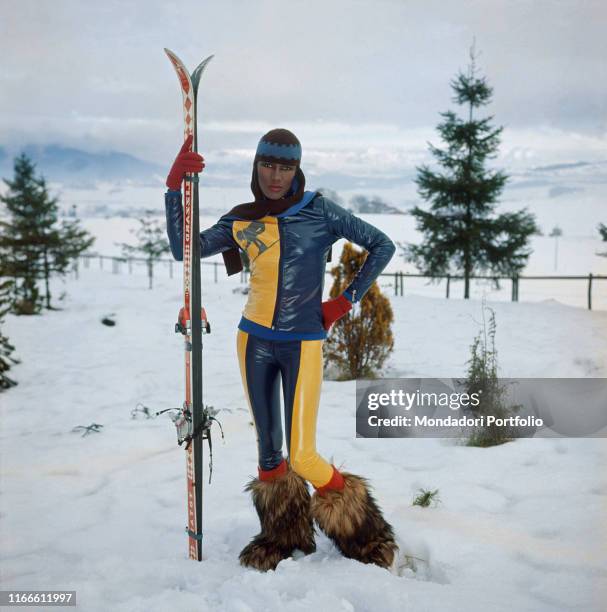 Jamaican singer Grace Jones posing for a photoshoot on the snow. Italy, 1978