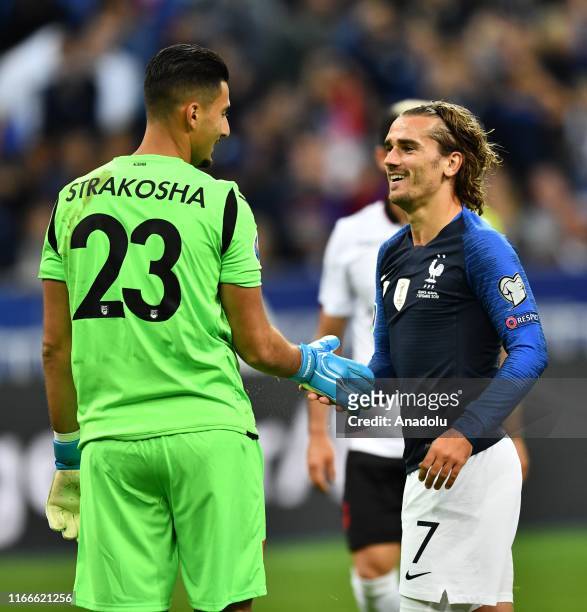 Antoine Griezmann of France and Thomas Strakosha of Albania are seen during the UEFA Euro 2020 qualifier Group H soccer match between France and...
